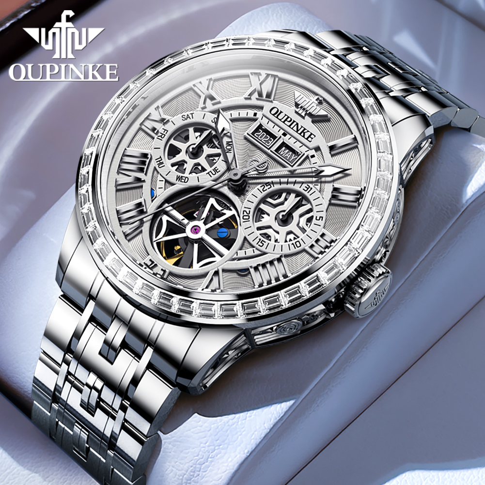 OUPINKE-reloj mecánico esquele - Skeleton Automatic Watch Luxury Tourbillon reseña y precio