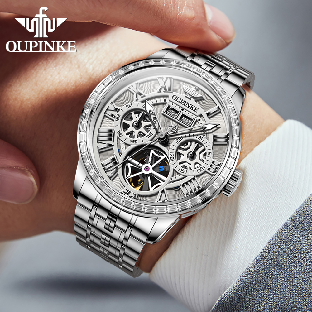 OUPINKE-reloj mecánico esquele - Skeleton Automatic Watch Luxury Tourbillon reseña y precio